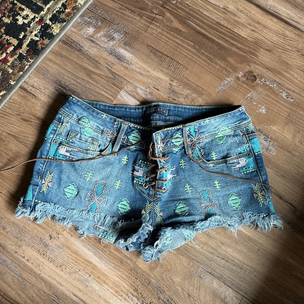 Kendall & Kylie Distressed Denim Shorts with Teal & Mint Embroidery